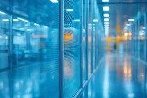 A modern hallway with glass walls and blue ambient lighting creates a tranquil atmosphere. photo
