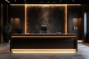Sleek modern office reception with warm lighting and elegant decor. photo