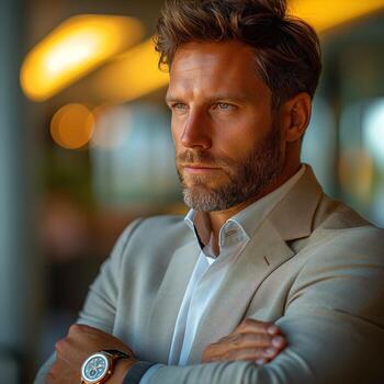 Handsome Caucasian man in a beige suit, with a thoughtful expression and crossed arms, exudes confidence in a warm, glowing environment. photo