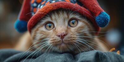 A fluffy ginger cat adorably wears a colorful hat with pom-poms, showcasing expressive eyes and a playful demeanor. photo