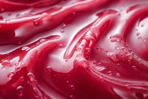 Close-up of glossy red sauce with a smooth, flowing texture and droplets reflecting light. photo
