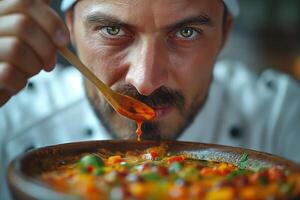 Intense male chef examining a vibrant dish, showcasing his culinary skills and passion for cooking. photo
