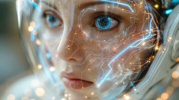 Close-up of a female astronaut with illuminated circuits on her face, portraying a blend of technology and humanity. photo