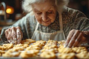 An elderly Caucasian woman carefully arranges freshly baked cookies on a tray, showcasing her experienced hands and joyful demeanor. photo