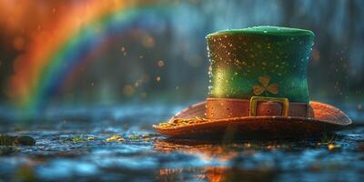 A vibrant green leprechaun hat adorned with a shamrock, resting on a wet surface with raindrops and a rainbow in the background. photo