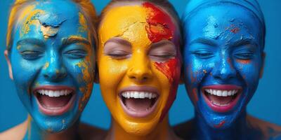 Three joyful women with colorful painted faces, expressing happiness and unity against a vibrant blue background. photo