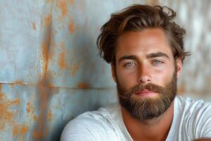 A handsome Caucasian male with a thick beard and tousled hair, gazing confidently at the camera against a rustic background. photo