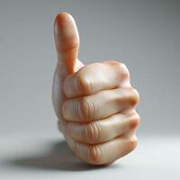 Realistic human hand giving a thumbs up, showcasing a positive gesture against a soft neutral background. photo