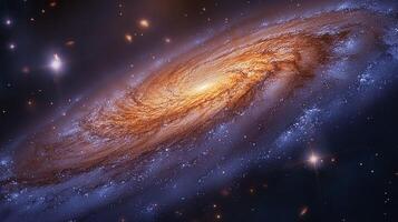 A breathtaking view of a spiral galaxy, showcasing vibrant hues of orange and blue against a starry backdrop. photo