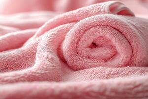 A soft, rolled pink blanket resting on a fluffy surface, exuding comfort and coziness. photo