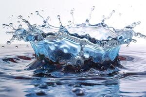 A stunning close-up of a water droplet splashing, creating vibrant ripples and a mesmerizing crown shape. photo