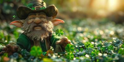A joyful leprechaun with a bushy beard surrounded by vibrant green clovers in a sunlit forest. photo