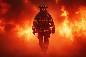 A courageous male firefighter emerges from flames, showcasing resilience against a fiery backdrop. photo