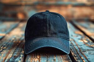 A classic black cap positioned on weathered wooden planks, showcasing a casual and timeless style. photo