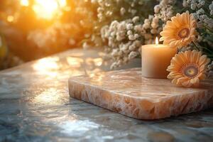A serene setting with a glowing candle, yellow gerbera daisies, and soft sunlight filtering through a floral arrangement. photo