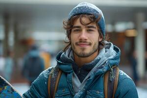 A young Hispanic male snowboarder smiles brightly in the snow, showcasing his winter attire and enthusiasm for the sport. photo