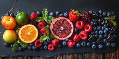 An assortment of vibrant fruits including berries, citrus, and mint, beautifully arranged on a dark slate surface. photo