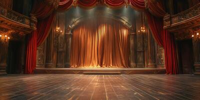 A grand theater stage with rich, red drapes and an illuminated golden curtain, evoking a sense of anticipation and drama. photo