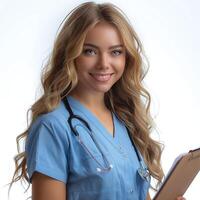 Smiling young Caucasian female healthcare professional with stethoscope and clipboard. photo