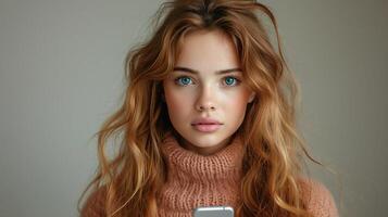A young Caucasian woman with long, wavy hair holds a smartphone, displaying a contemplative expression. photo