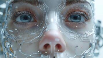 Close-up of a female cyborg with intricate circuitry overlaid on her face, showcasing human and technological fusion. photo
