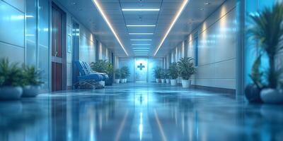 A serene hospital corridor featuring modern design, plants, and soft lighting, creating a calming atmosphere. photo