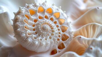 Close-up of a delicate white seashell with intricate patterns on a soft, wavy background. photo