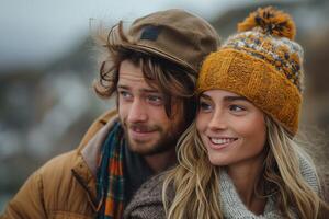 A young couple, a man and a woman, smiling warmly while enjoying a chilly outdoor moment on a windy day. photo