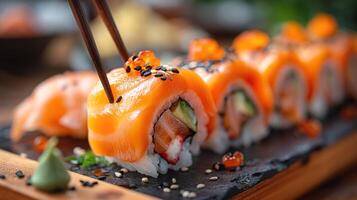 A vibrant sushi platter showcasing fresh salmon rolls adorned with salmon roe and sesame seeds. photo