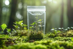 A close-up of young green plants growing inside a transparent bag, surrounded by lush moss in a serene forest setting. photo