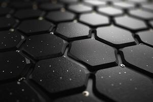 Close-up of a textured black hexagonal pattern, showcasing intricate details and a sleek modern design. photo