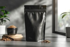 A sleek black pouch stands prominently on a wooden surface, surrounded by coffee beans and earthy decor, evoking a modern vibe. photo