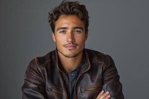 A confident young man with wavy hair and a brown leather jacket, exuding a relaxed yet assertive vibe against a gray backdrop. photo