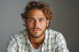 A handsome Caucasian man with striking blue eyes and tousled hair, smiling warmly in a soft-lit setting. photo