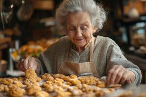 Elderly woman carefully arranging freshly baked pastries in a cozy bakery setting. photo