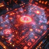 A futuristic digital interface illuminated in vibrant red tones, showcasing intricate circuit patterns and glowing details. photo