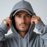 A young adult man of Hispanic descent wearing a grey hoodie and cap, gazing confidently at the camera. photo