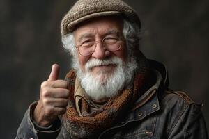 Cheerful elderly man, with a white beard and glasses, giving a thumbs up gesture, radiating positivity in warm tones. photo