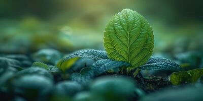 A close-up of a vibrant green leaf set against a blurred, soft-focus background, highlighting nature's beauty. photo