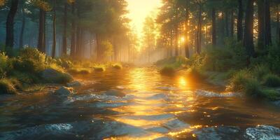 Tranquil forest river at sunrise, with golden light reflecting on the water, surrounded by lush greenery. photo