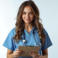 Female healthcare professional smiling confidently, wearing scrubs and a stethoscope, holding a clipboard. photo