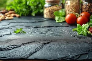 Fresh ingredients on a textured slate surface, including tomatoes, herbs, and nuts, creating a vibrant culinary atmosphere. photo