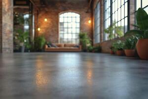 A cozy industrial-style living space with greenery and warm lighting. photo