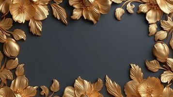 A stunning golden floral frame with intricate detailing on a dark background, perfect for elegant invitations or decor. photo