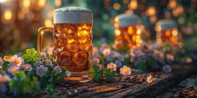 Golden beer in a glass jar surrounded by fresh flowers, creating a festive and inviting atmosphere. photo