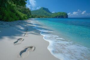 Serene beach with footprints leading into the turquoise water and lush green mountains in the background. photo