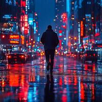 A solitary figure walks in the rain through a vibrant city street, illuminated by colorful neon lights. photo