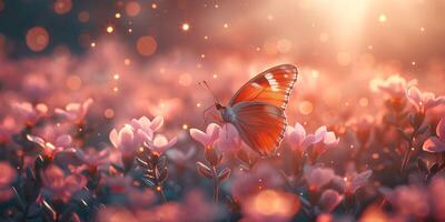 A vibrant orange butterfly rests on delicate pink flowers, bathed in warm sunlight and surrounded by sparkling bokeh. photo