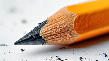Close-up of a sharpened yellow pencil with shavings, highlighting the details of the graphite tip. photo