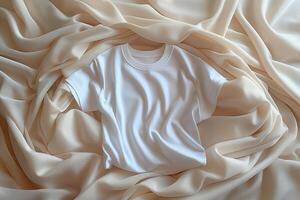 A classic white t-shirt elegantly laid on soft, flowing beige fabric, creating a clean and minimalist aesthetic. photo